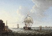 An English man-o'war shortening sail entering Portsmouth harbour, with Fort Blockhouse off her port quarter Dominic Serres